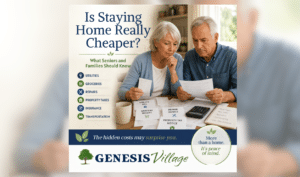 Cost comparison showing staying home versus independent community living at Genesis Village.