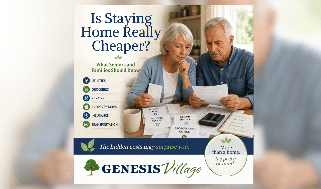 Cost comparison showing staying home versus independent community living at Genesis Village.