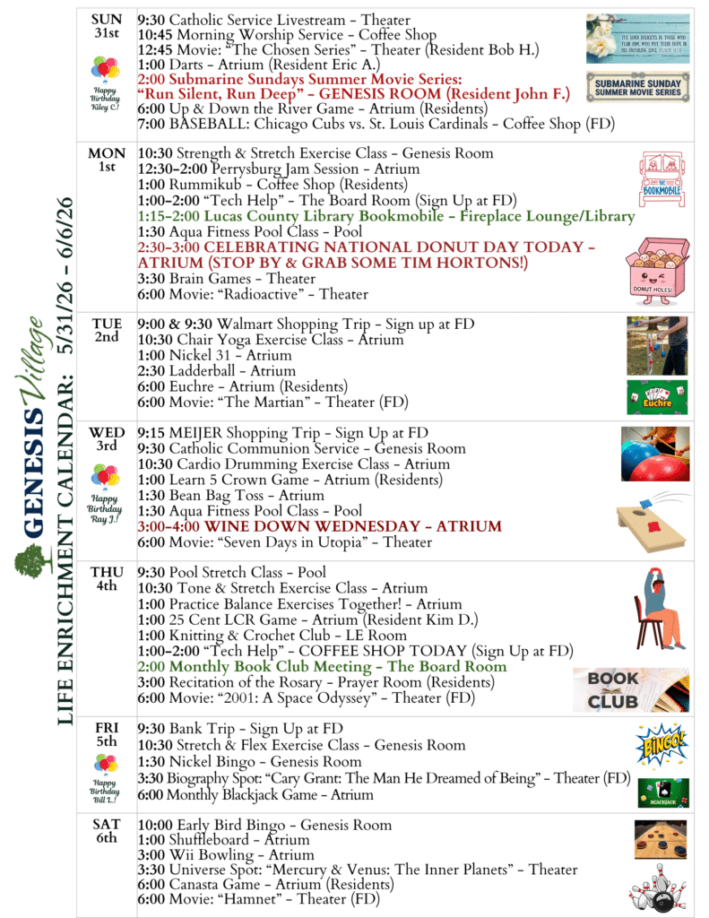 genesis village senior community activity calendar
