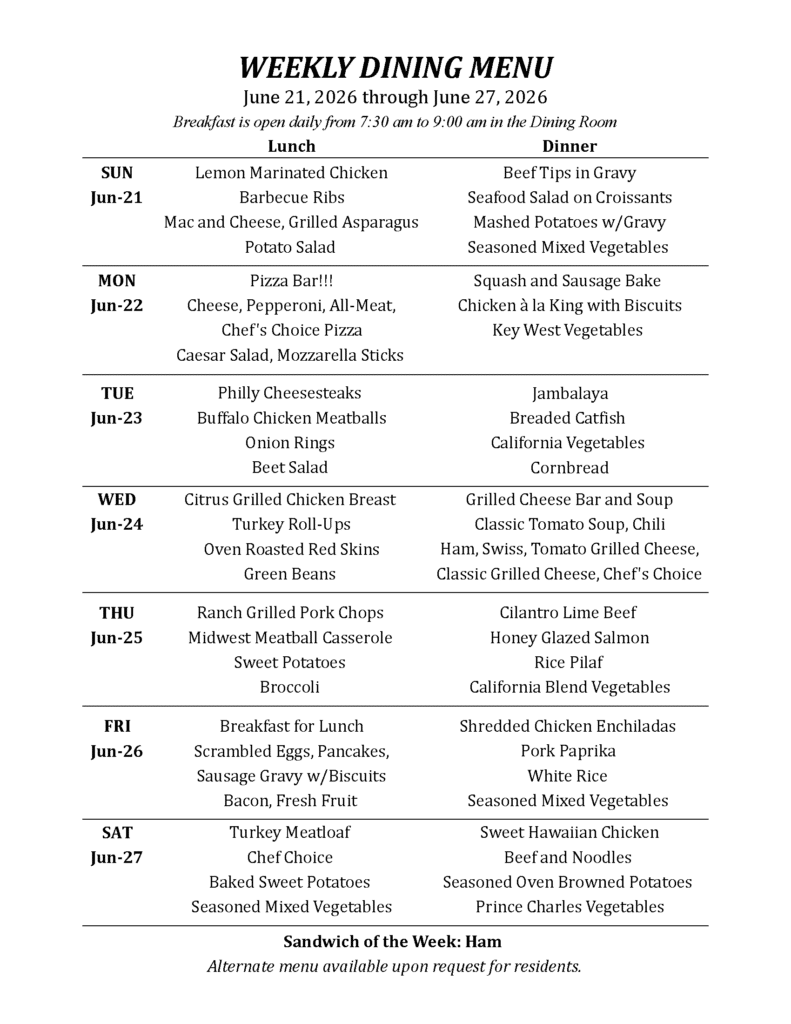 Genesis Village Dining menu